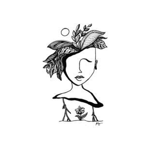 Art print for home decor of a black and white abstract line drawing of an image of an abstract face with foliage growing out of the top of the head and a moon or sun above it, and roots growing below it encasing a flower.